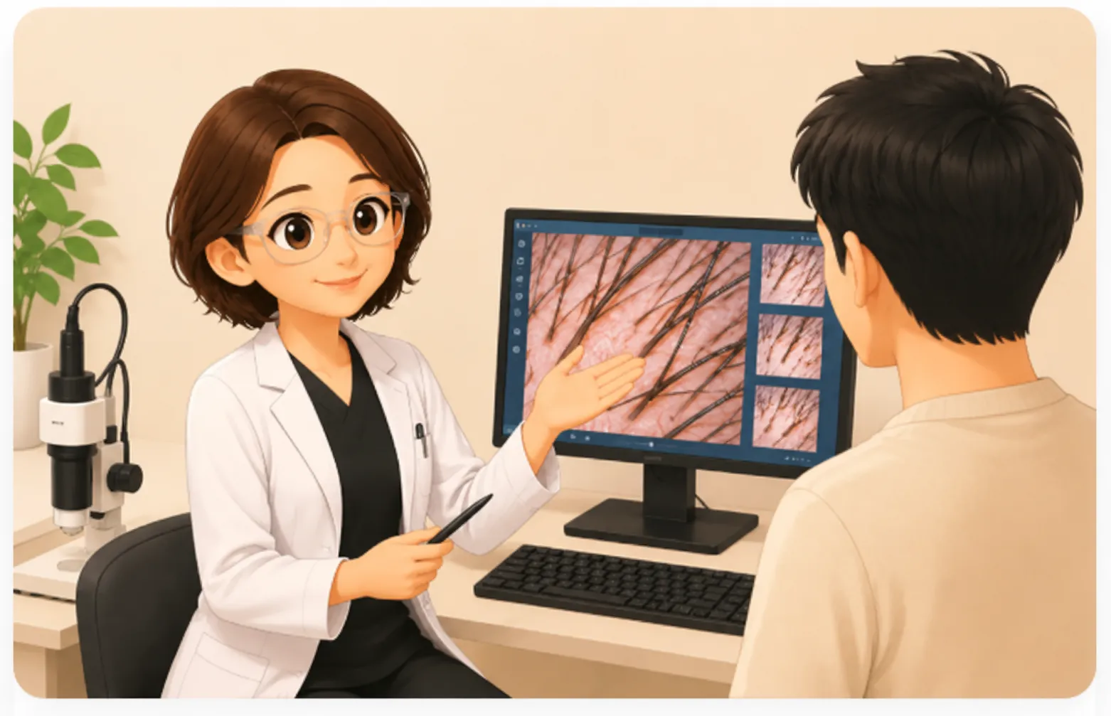 院長が患者へ頭皮診察をしている写真