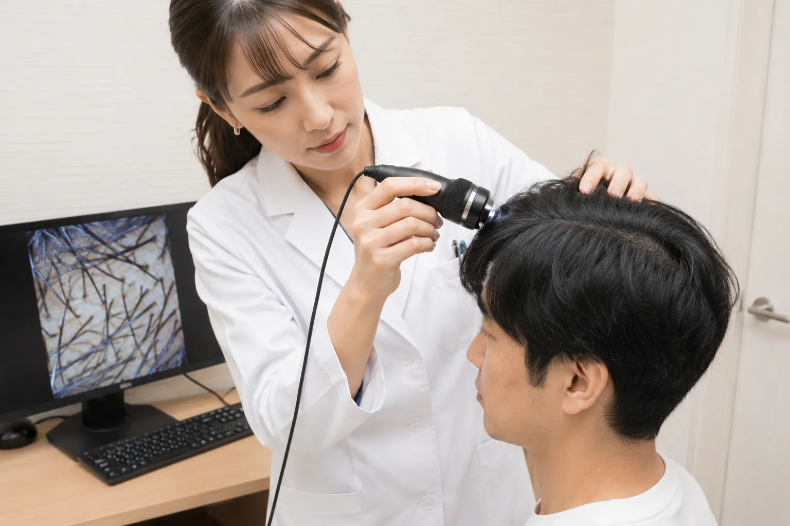 医師がマイクロスコープで頭皮を診察している様子